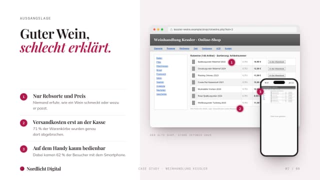 Case-Study-Beispiel, Ausgangslage: der alte Online-Shop mit drei markierten Schwachstellen