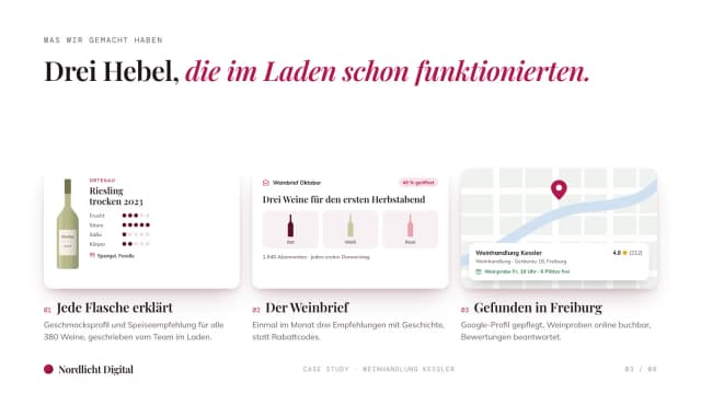 Case-Study-Beispiel, drei Maßnahmen: Geschmacksprofile im Shop, monatlicher Weinbrief und lokale Suche