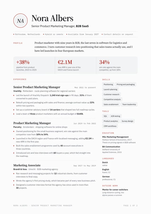 CV example, one-page resume: Nora Albers, senior product marketing manager in B2B SaaS, with key results, three roles with quantified achievements, skills, education and languages
