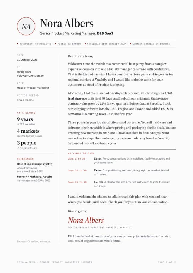 CV example, matching cover letter: Nora Albers applies for head of product marketing at a climate-tech scale-up, with date, recipient, key facts at a glance and signature