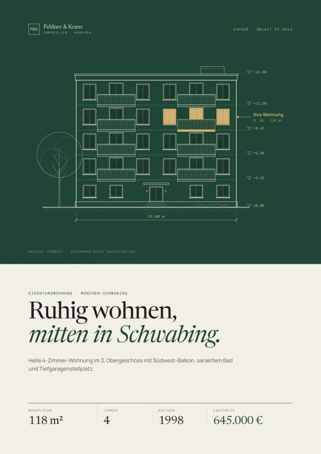 Exposé Beispiel, Titelseite: Fassadenzeichnung eines Wohnhauses mit markierter Wohnung im 3. Obergeschoss, 4-Zimmer-Wohnung in München-Schwabing