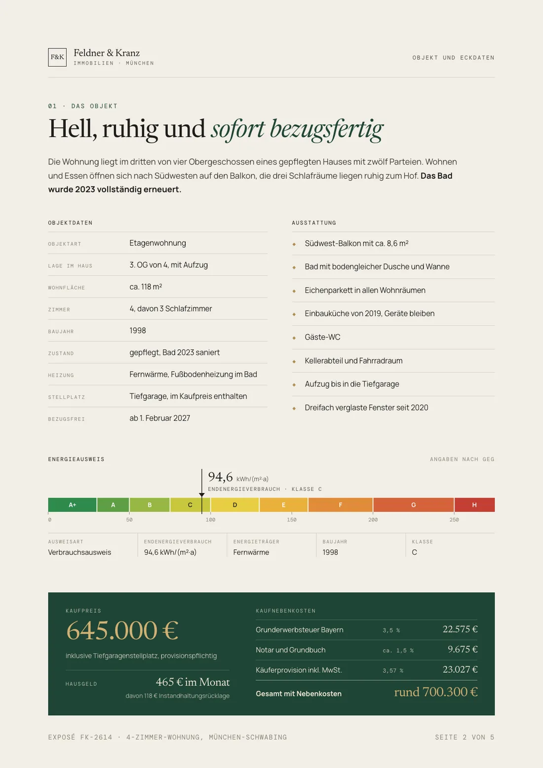 Exposé Beispiel, Seite Objekt und Eckdaten: Objektdaten, Ausstattung, Energieausweis mit Effizienzskala und Kaufpreis