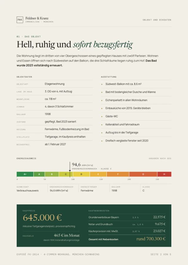 Exposé Beispiel, Seite Objekt und Eckdaten: Objektdaten, Ausstattung, Energieausweis mit Effizienzskala und Kaufpreis