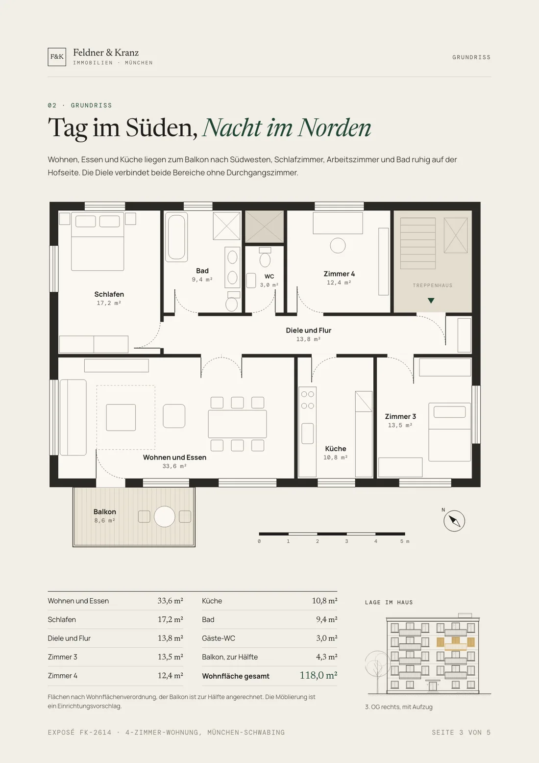 Exposé Beispiel, Seite Grundriss: möblierter Grundriss der 4-Zimmer-Wohnung mit Raumbezeichnungen und Flächen in Quadratmetern