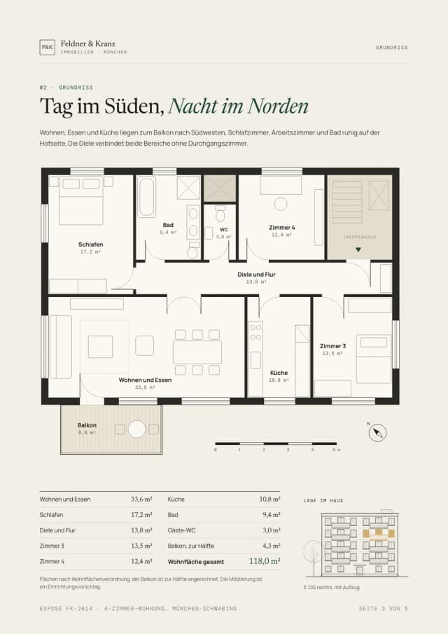 Exposé Beispiel, Seite Grundriss: möblierter Grundriss der 4-Zimmer-Wohnung mit Raumbezeichnungen und Flächen in Quadratmetern