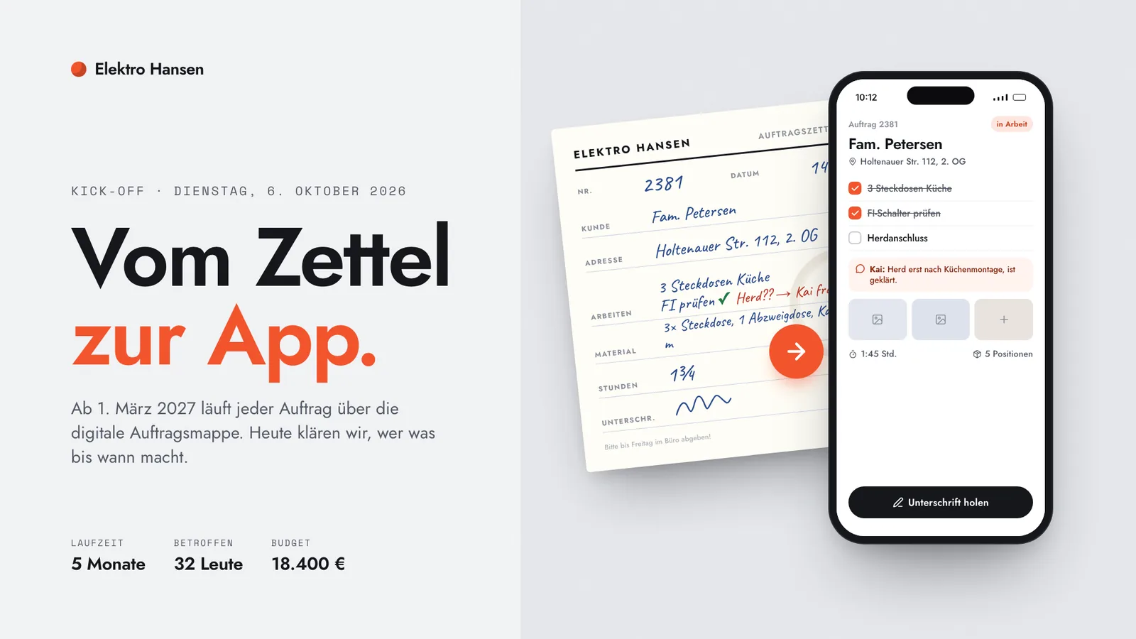 Kick-off-Präsentation-Beispiel, Titelfolie: vom Zettel zur App, mit handgeschriebenem Auftragszettel und demselben Auftrag auf dem Handy