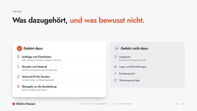 Kick-off-Präsentation-Beispiel, Projektumfang: was dazugehört und was bewusst nicht