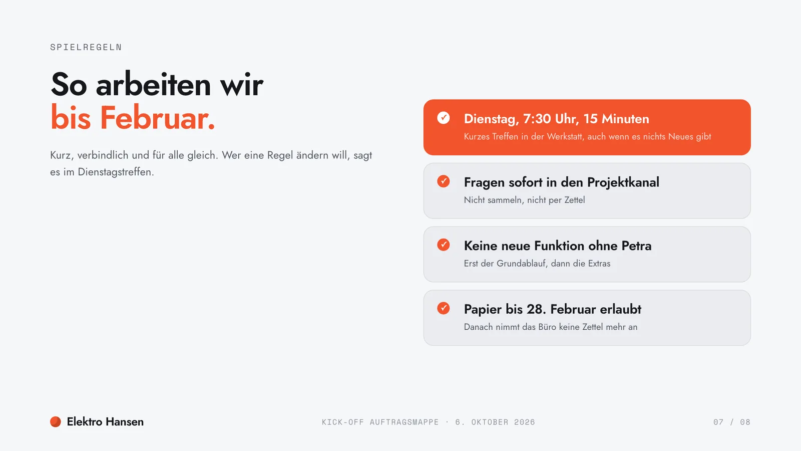 Kick-off-Präsentation-Beispiel, vier Spielregeln für die Projektzeit