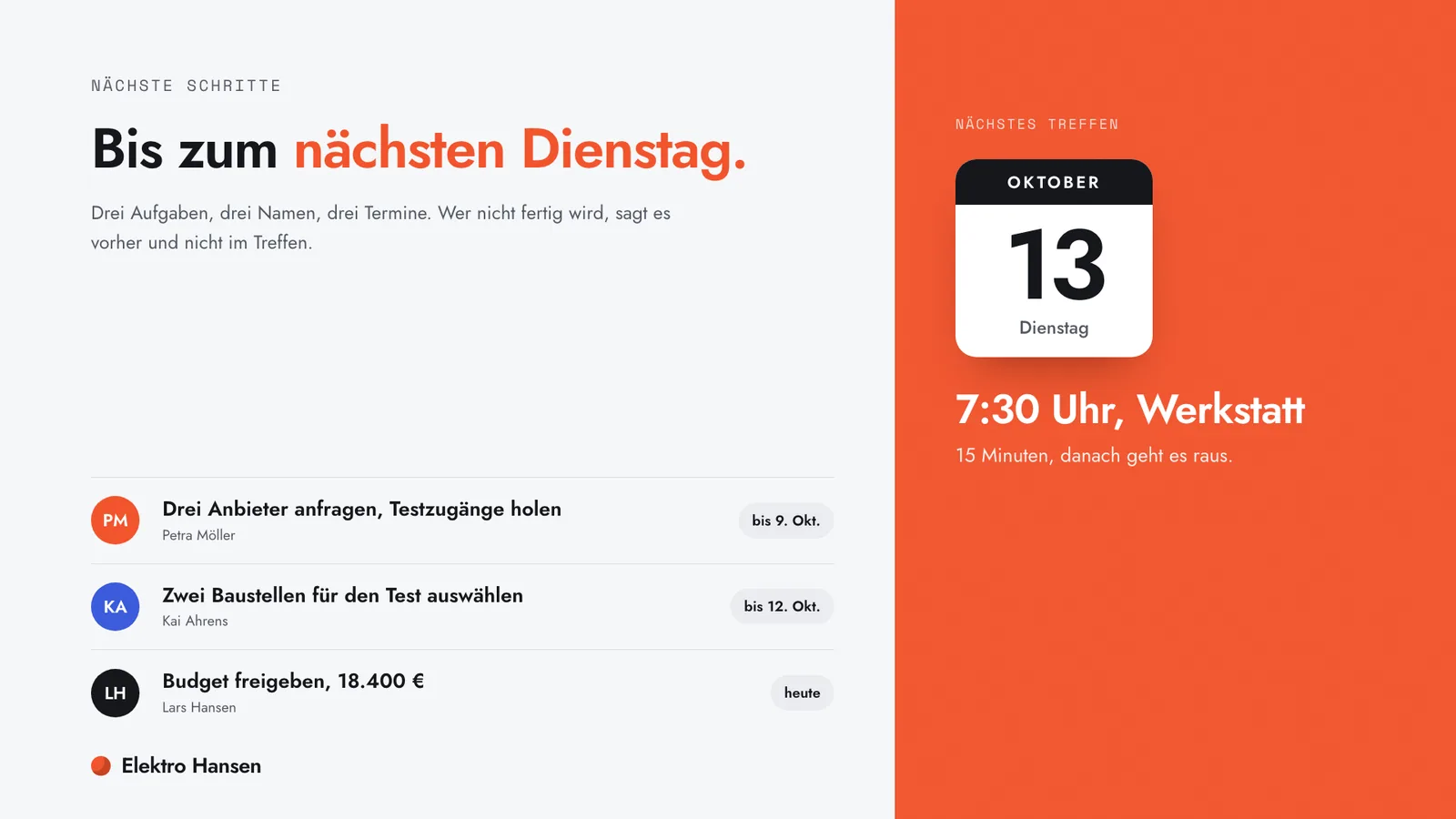Kick-off-Präsentation-Beispiel, nächste Schritte mit Verantwortlichen und das nächste Treffen am 13. Oktober