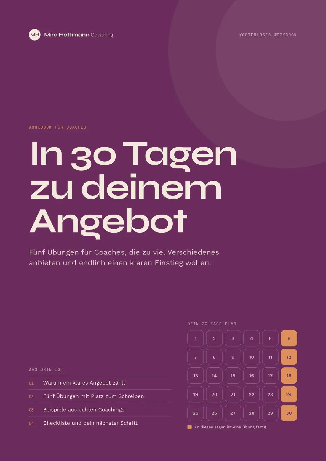 Lead-Magnet Beispiel, Titelseite: Workbook In 30 Tagen zu deinem Angebot von Mira Hoffmann Coaching, mit 30-Tage-Raster und Inhaltsübersicht