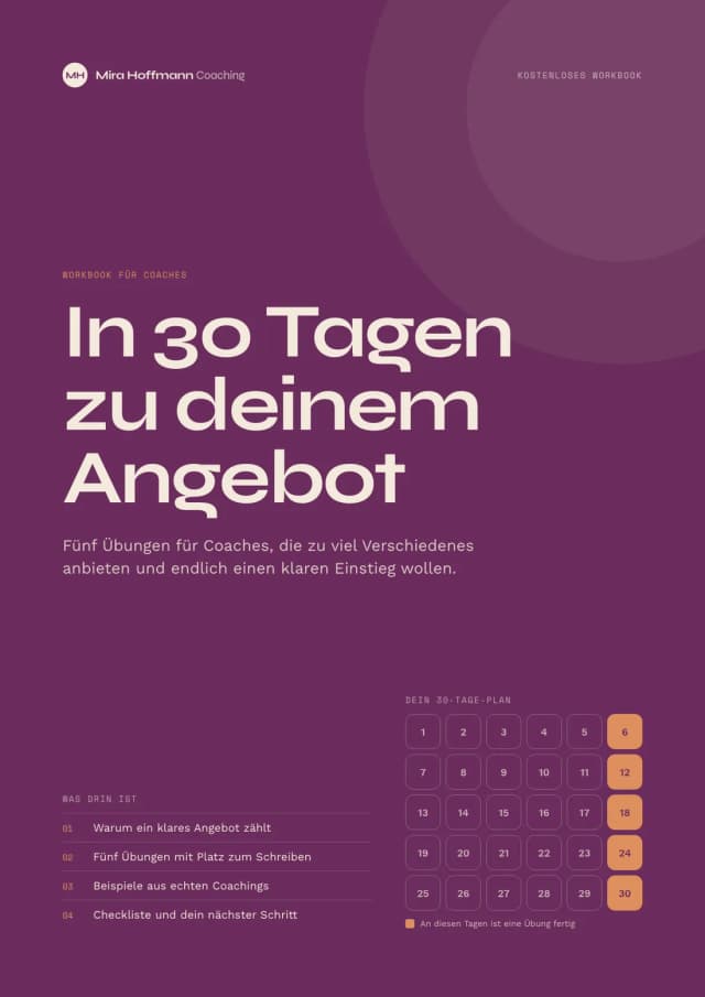 Lead-Magnet Beispiel, Titelseite: Workbook In 30 Tagen zu deinem Angebot von Mira Hoffmann Coaching, mit 30-Tage-Raster und Inhaltsübersicht