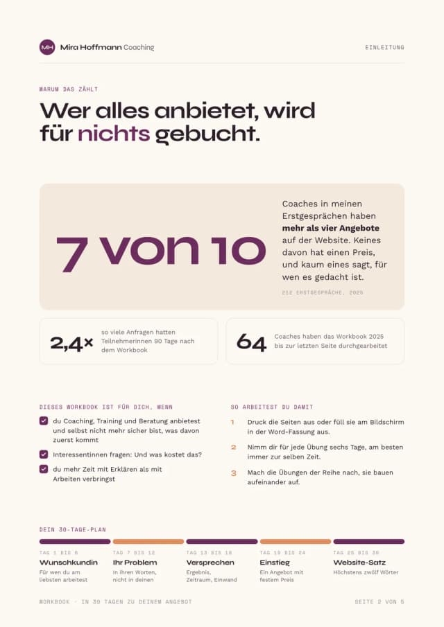 Lead-Magnet Beispiel, Einleitung: 7 von 10 Coaches haben mehr als vier Angebote auf der Website, dazu für wen das Workbook ist, Anleitung und 30-Tage-Plan