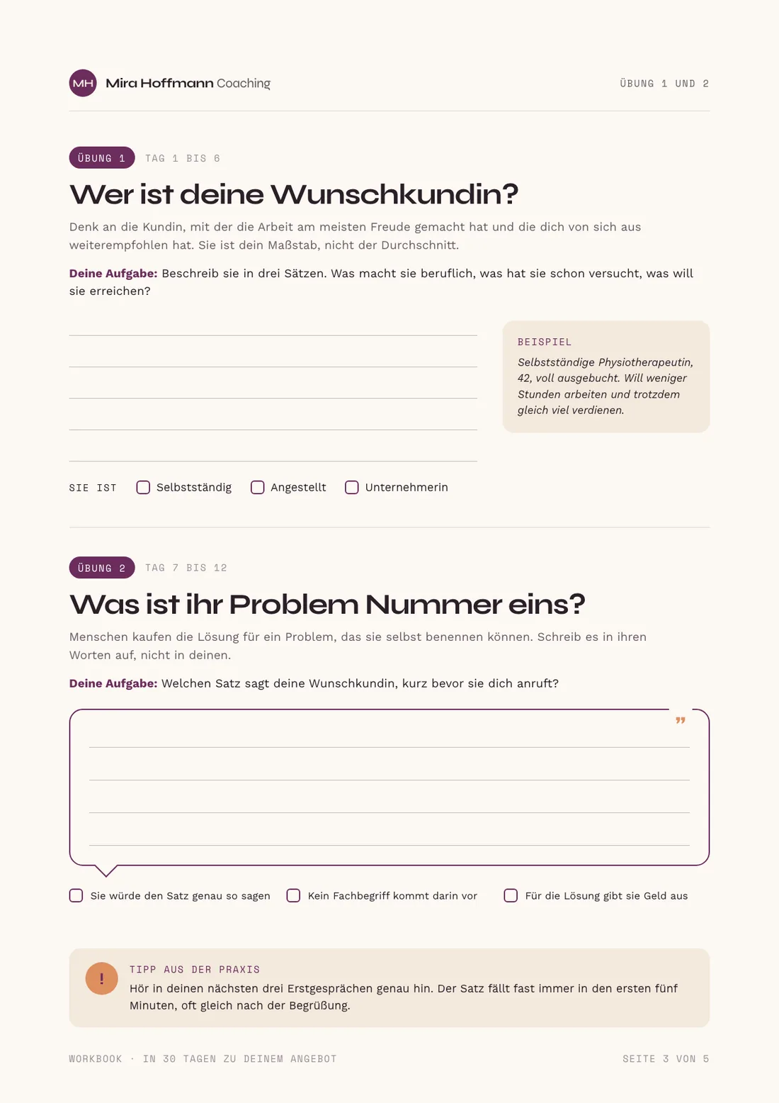 Lead-Magnet Beispiel, Übungsseite: Übung 1 Wer ist deine Wunschkundin und Übung 2 ihr Problem Nummer eins, mit Schreiblinien, Kästchen zum Ankreuzen, Beispiel und Praxistipp