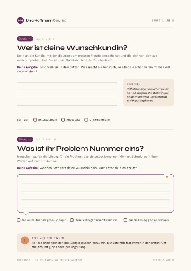 Lead-Magnet Beispiel, Übungsseite: Übung 1 Wer ist deine Wunschkundin und Übung 2 ihr Problem Nummer eins, mit Schreiblinien, Kästchen zum Ankreuzen, Beispiel und Praxistipp