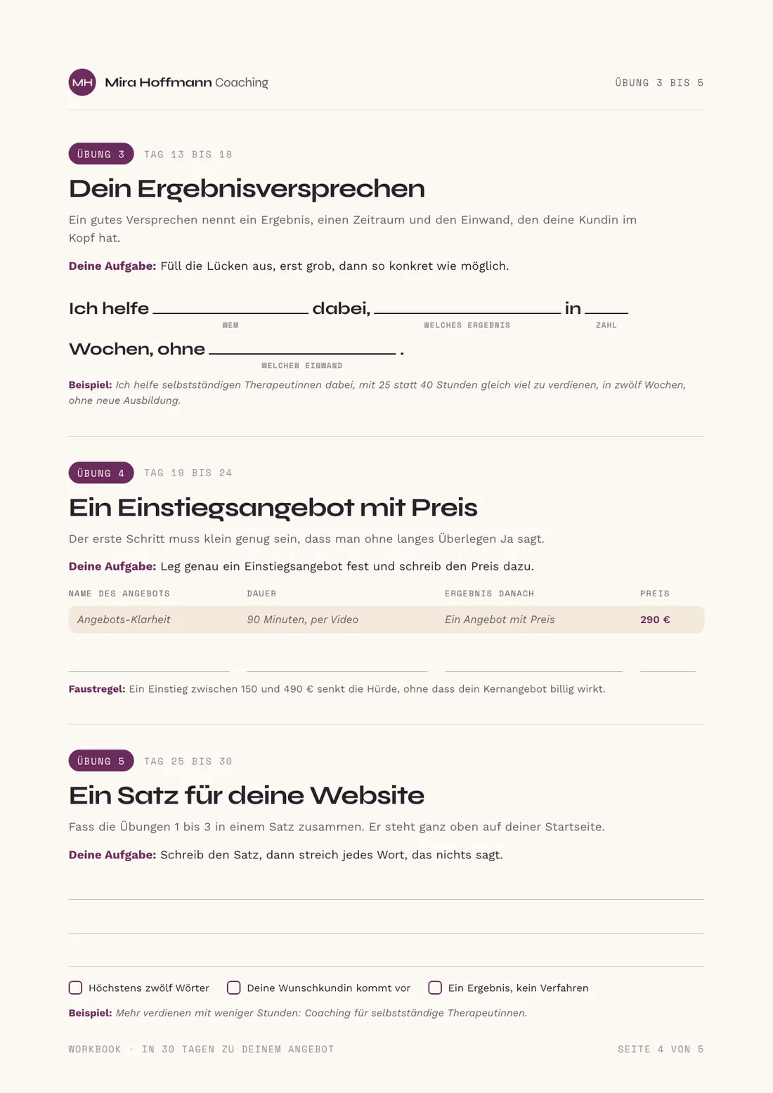 Lead-Magnet Beispiel, Übungsseite: Übung 3 Ergebnisversprechen als Lückensatz, Übung 4 Einstiegsangebot mit Preis als Tabelle, Übung 5 ein Satz für die Website