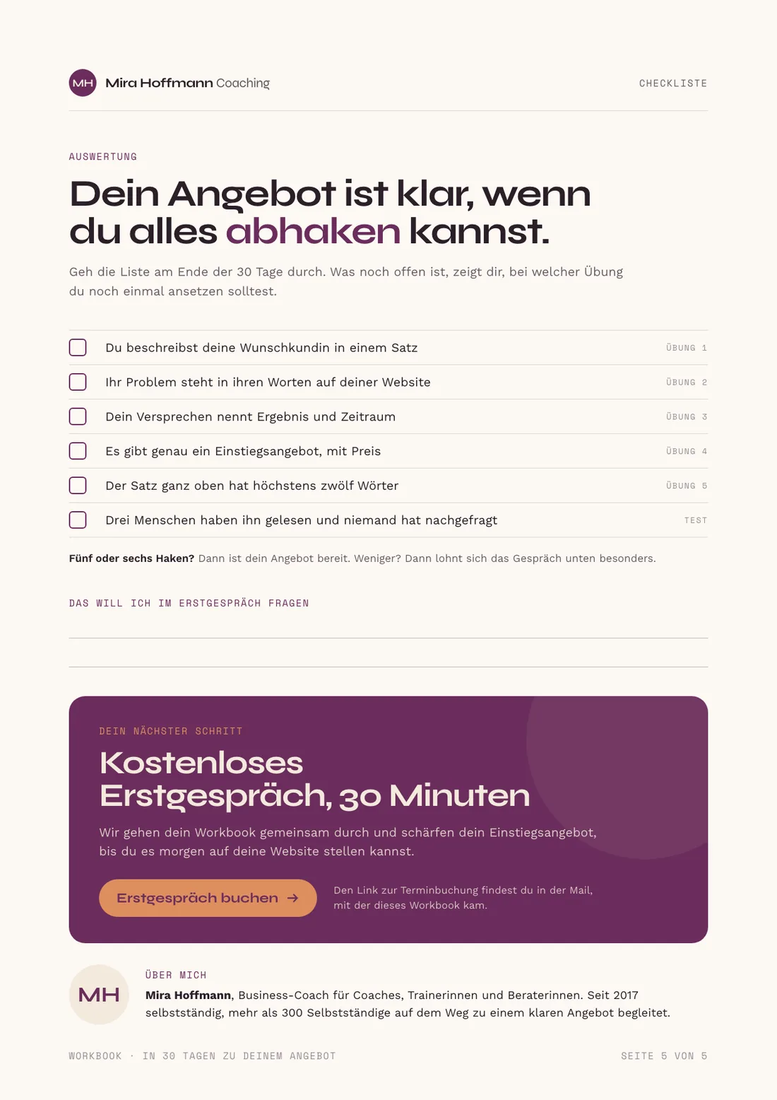 Lead-Magnet Beispiel, Abschlussseite: Checkliste Dein Angebot ist klar, wenn, und Einladung zum kostenlosen Erstgespräch mit Mira Hoffmann