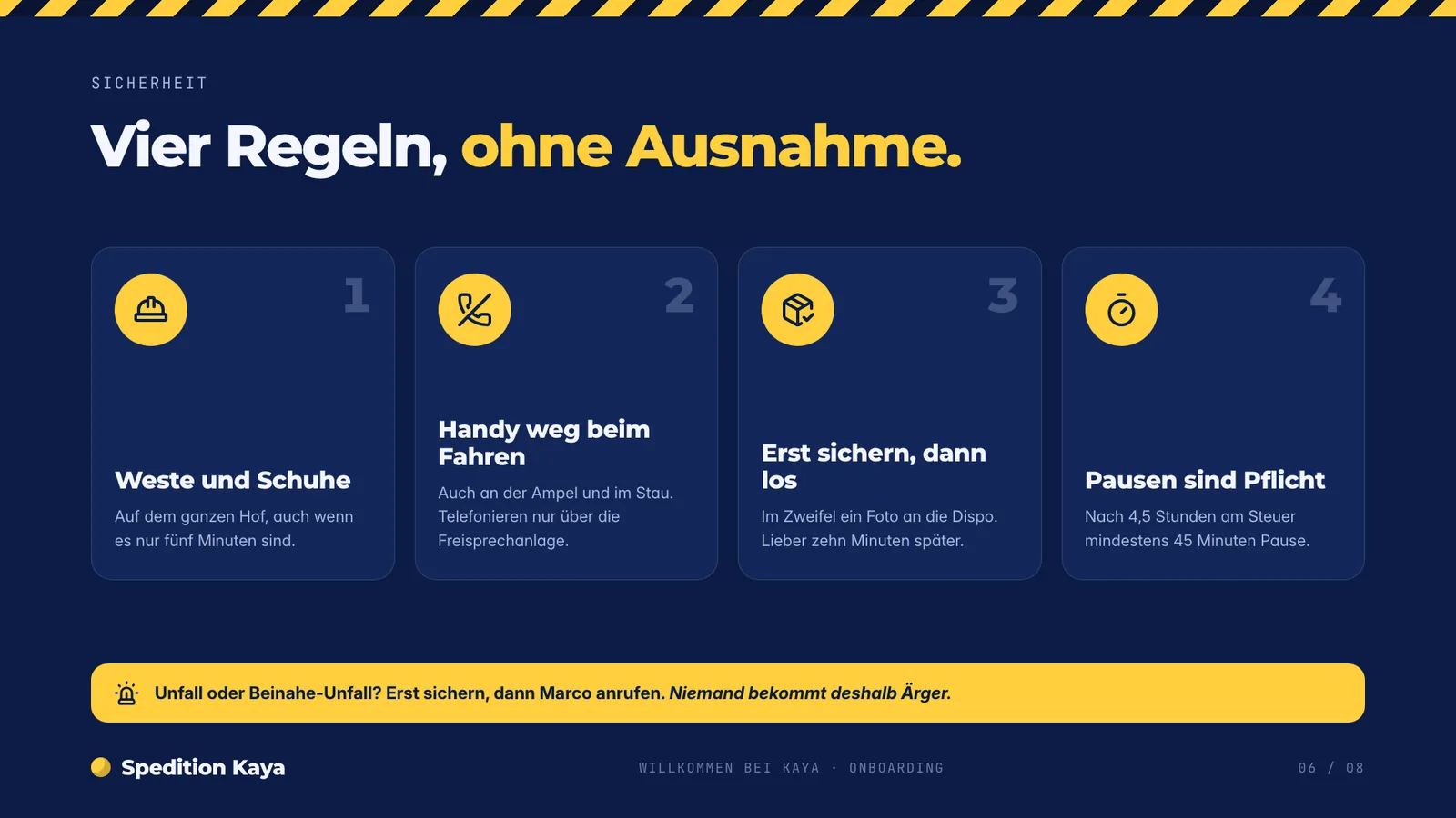 Onboarding-Präsentation-Beispiel, vier Sicherheitsregeln unter einem Warnstreifen