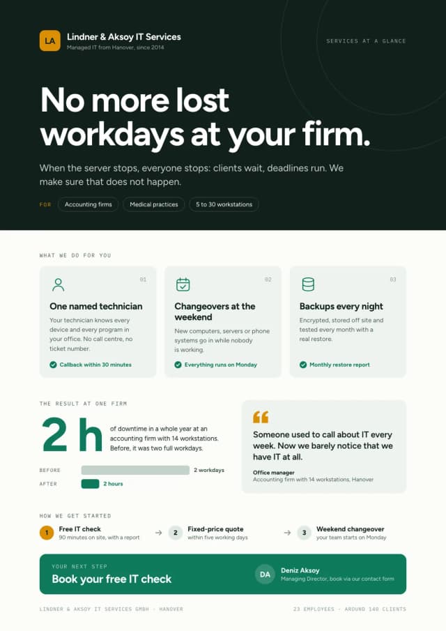 One-pager example, product sheet: Lindner & Aksoy IT Services, no more lost workdays at your firm, with three services, proof and a free IT check