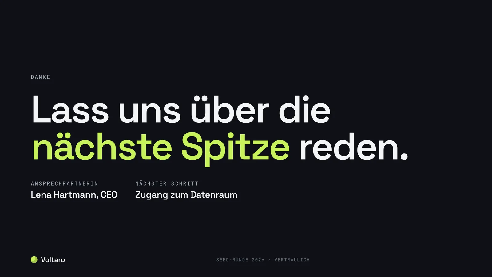 Pitch-Deck-Beispiel, Abschlussfolie mit Ansprechpartnerin
