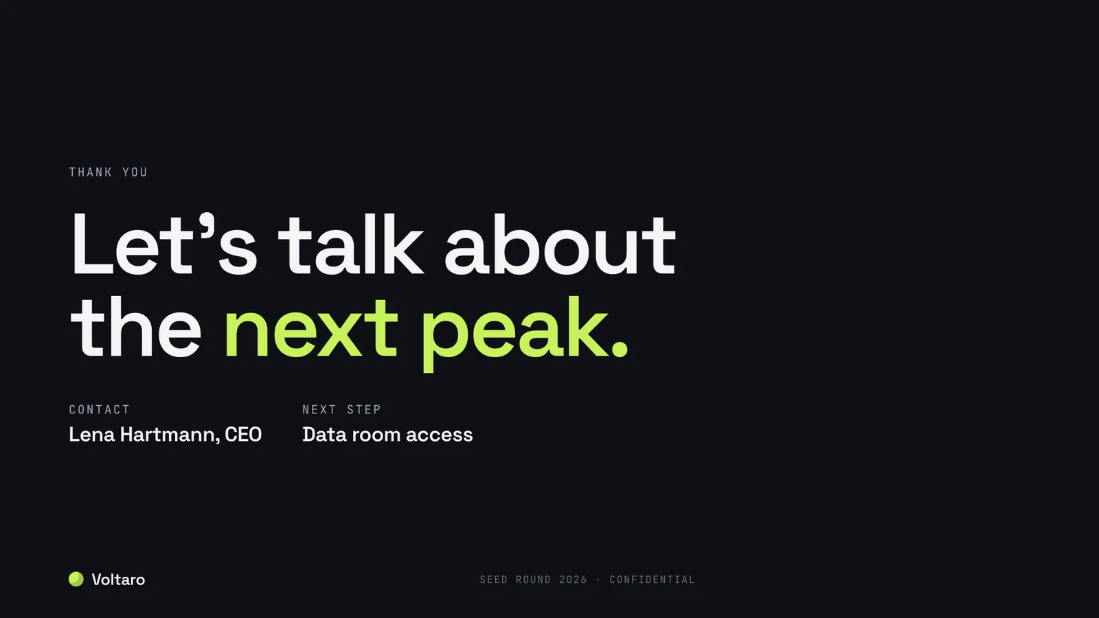 Pitch deck example, closing slide with contact