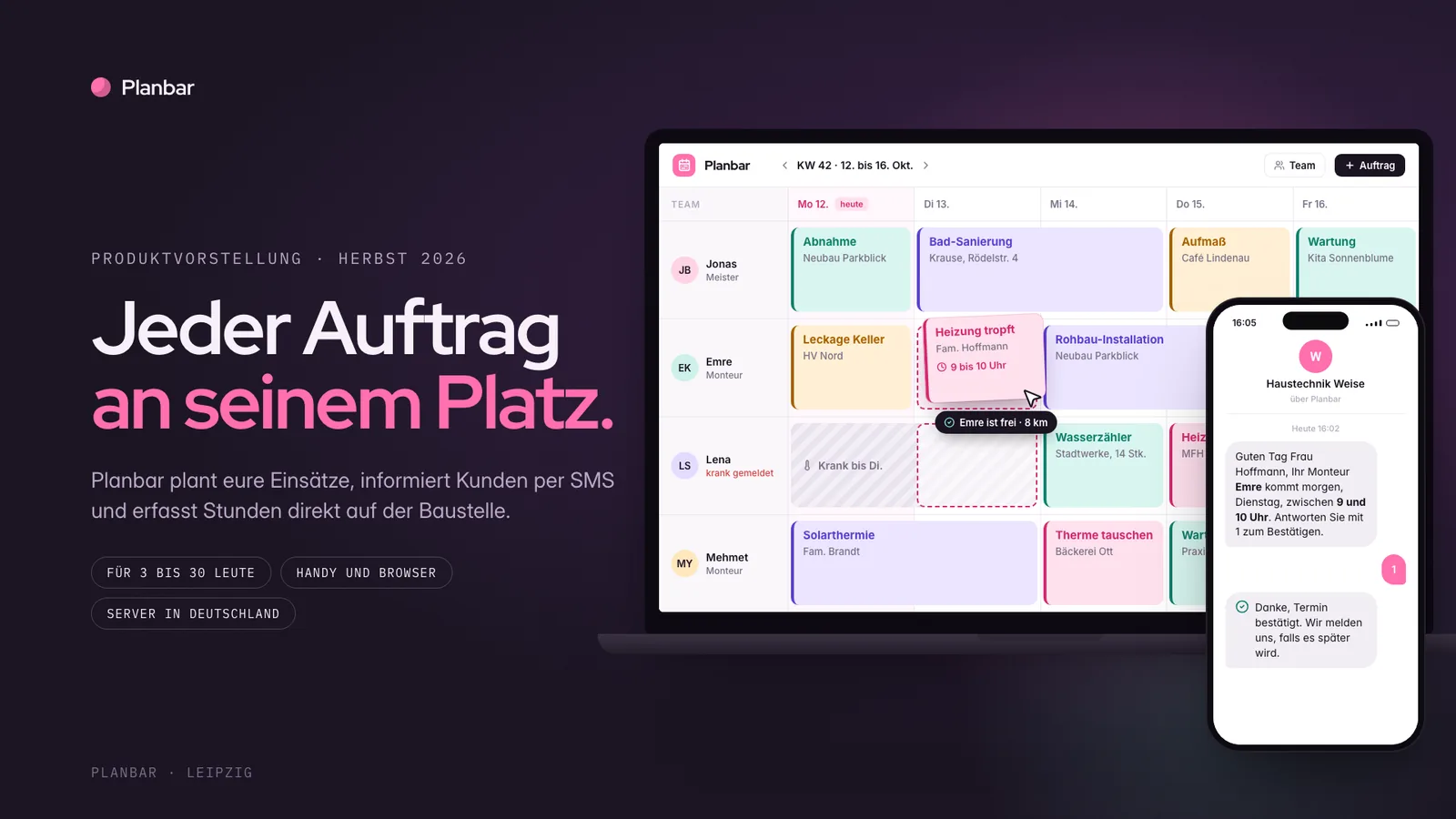 Produktpräsentation-Beispiel, Titelfolie: Planbar, jeder Auftrag an seinem Platz, mit Wochenplan auf dem Laptop und Kunden-SMS auf dem Handy