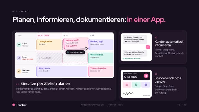 Produktpräsentation-Beispiel, drei Funktionen mit Ausschnitten der App: Einsätze ziehen, Kunden-SMS, Stunden und Fotos