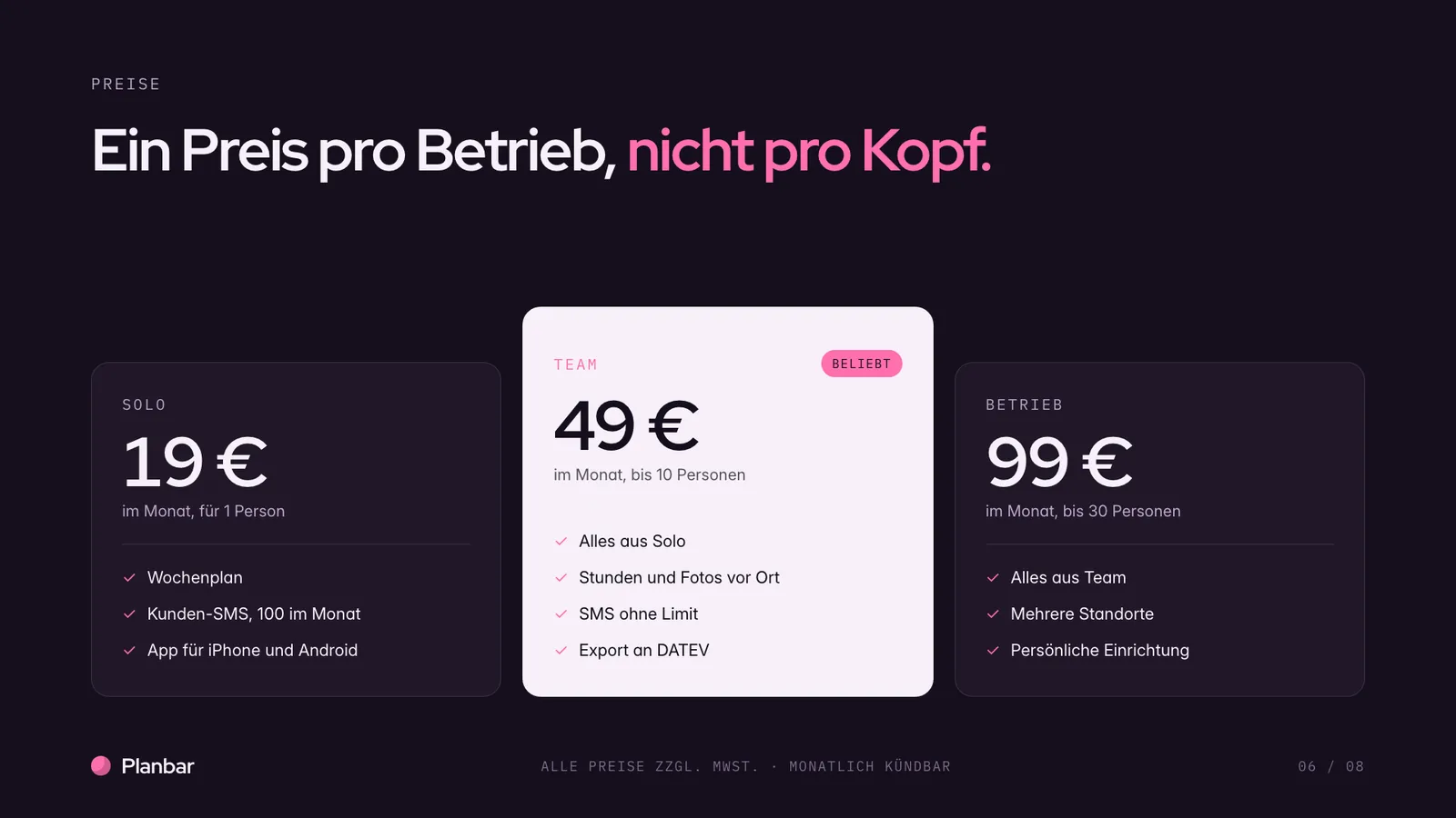 Produktpräsentation-Beispiel, Preisfolie mit drei Paketen Solo, Team und Betrieb