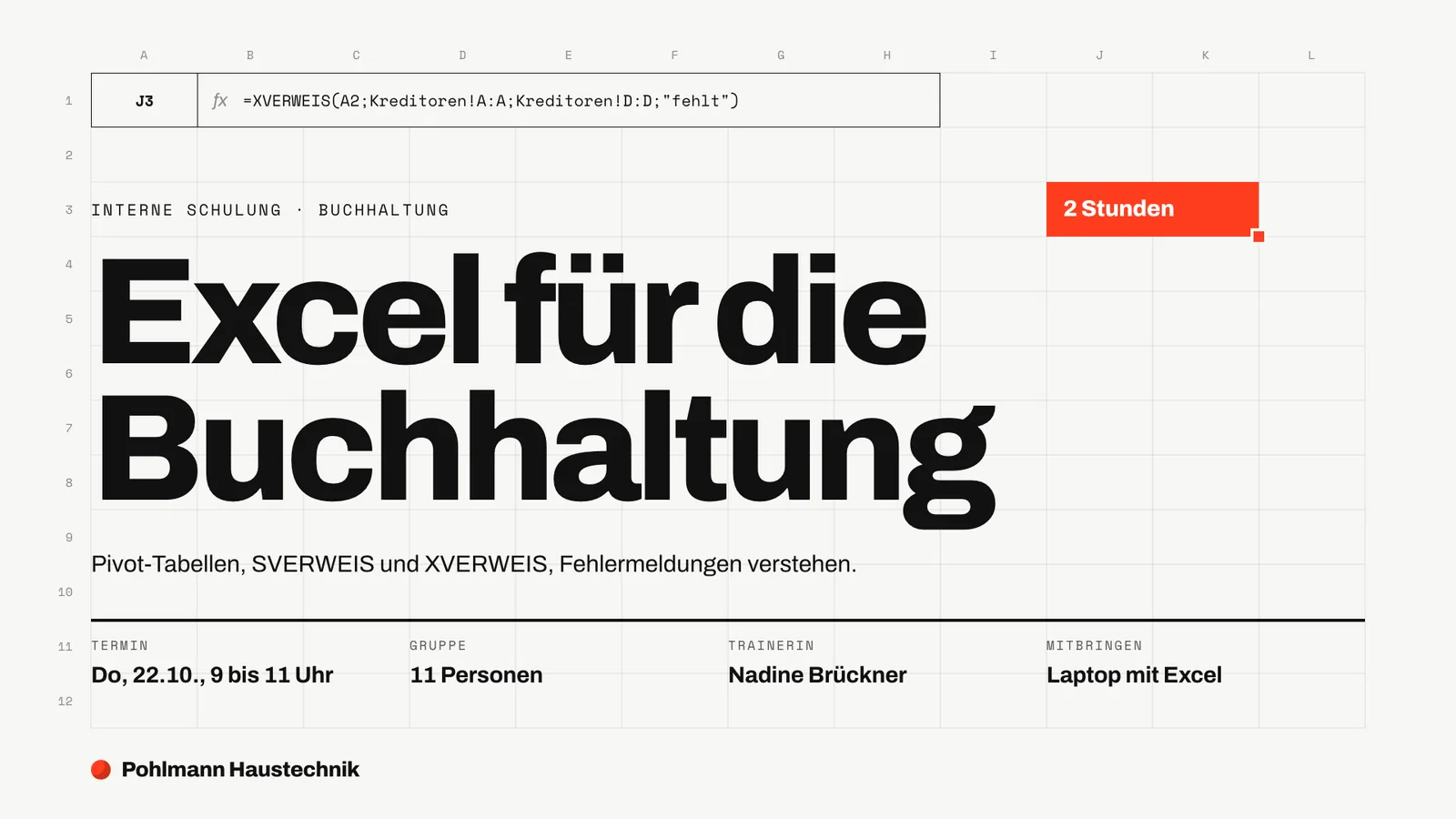 Schulungsunterlagen Beispiel, Titelfolie: Excel für die Buchhaltung auf einem Tabellenraster mit Formelzeile und Eckdaten der Schulung