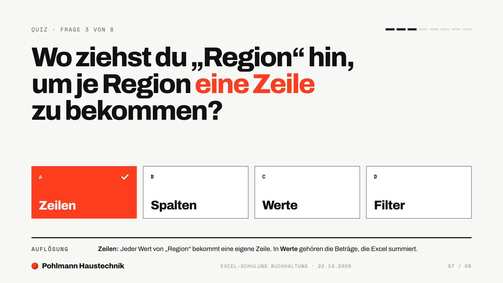 Schulungsunterlagen Beispiel, Folie Quiz: Frage 3 von 8 zur Pivot-Tabelle mit vier Antworten, die richtige Antwort Zeilen ist markiert