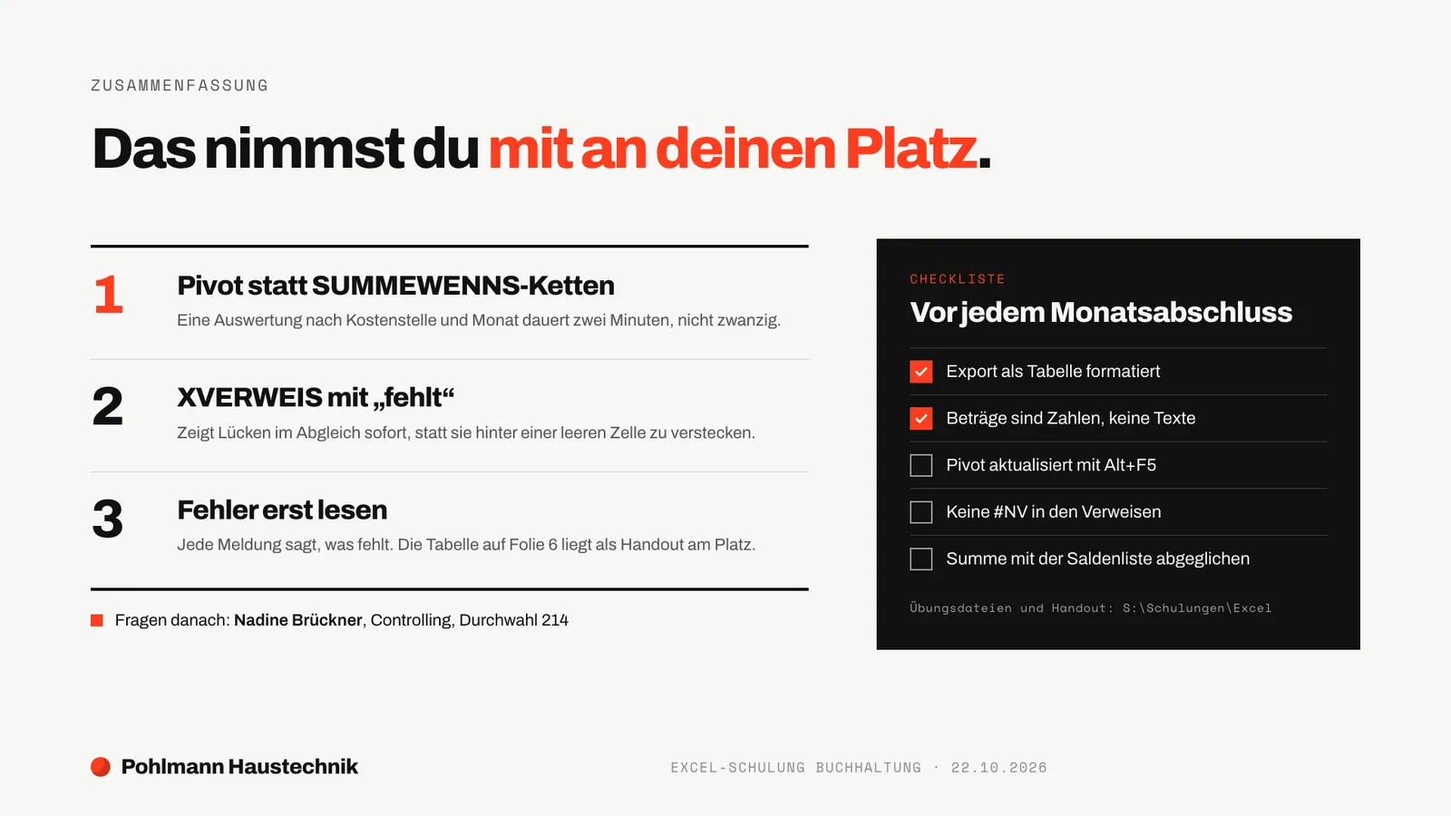 Schulungsunterlagen Beispiel, Folie Zusammenfassung: drei Sätze zum Mitnehmen und eine Checkliste für den Monatsabschluss