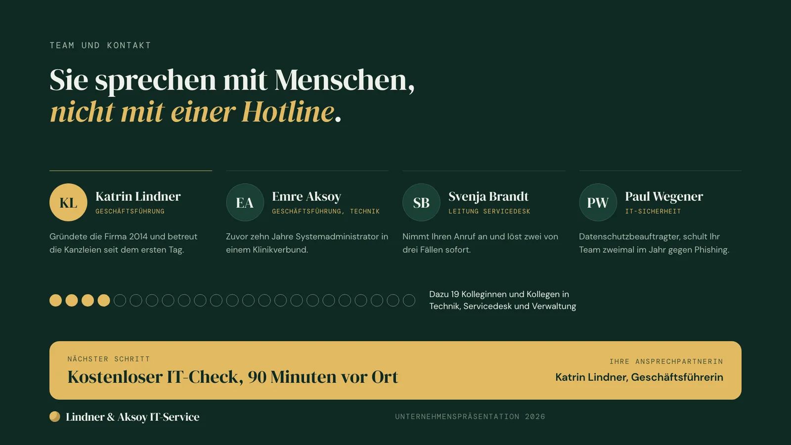 Unternehmenspräsentation Beispiel, Abschlussfolie Team und Kontakt: vier Ansprechpartner mit Rollen und der kostenlose IT-Check als nächster Schritt