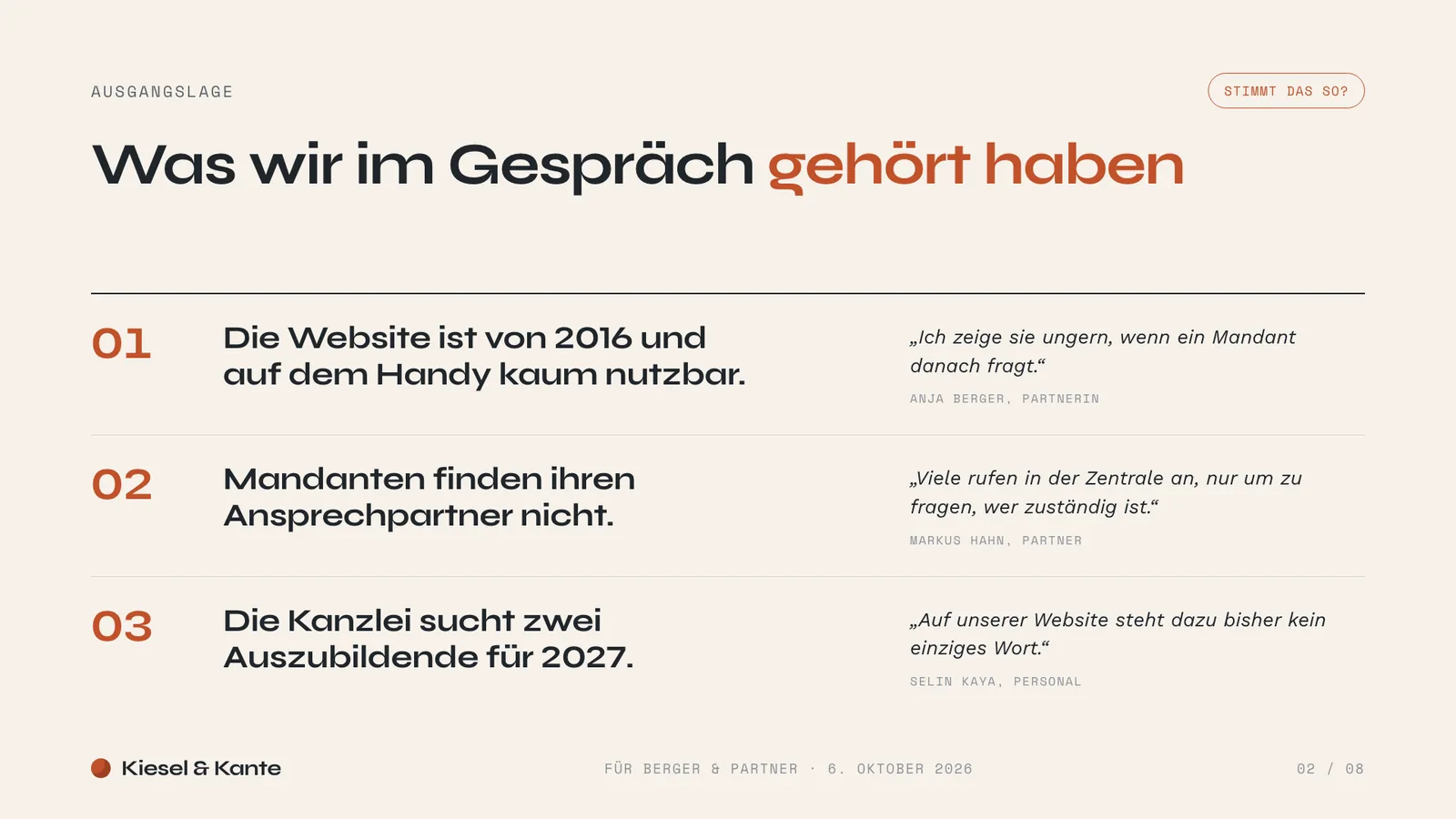 Verkaufspräsentation Beispiel, Folie Ausgangslage: drei Punkte aus dem Erstgespräch mit den Worten der Kanzlei