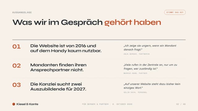 Verkaufspräsentation Beispiel, Folie Ausgangslage: drei Punkte aus dem Erstgespräch mit den Worten der Kanzlei