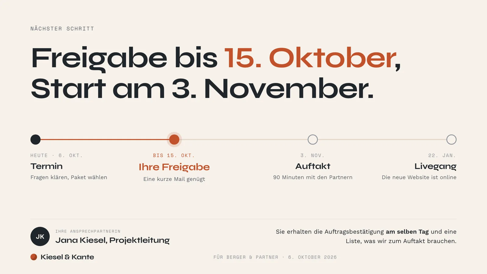 Verkaufspräsentation Beispiel, Folie nächster Schritt: Freigabe bis 15. Oktober, Start am 3. November, Livegang am 22. Januar