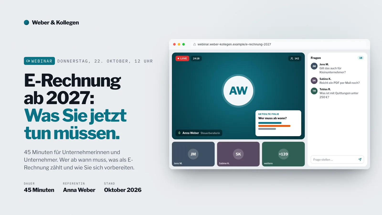 Webinar-Präsentation-Beispiel, Titelfolie: E-Rechnung ab 2027, was Sie jetzt tun müssen, mit Webinar-Oberfläche und Fragen im Chat