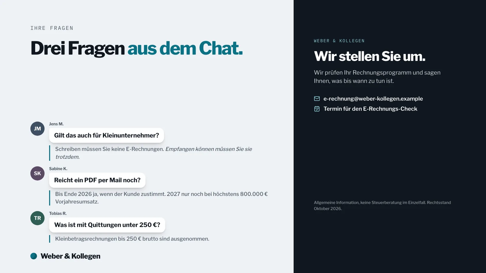 Webinar-Präsentation-Beispiel, Fragen aus dem Chat mit kurzen Antworten und Kontakt der Kanzlei