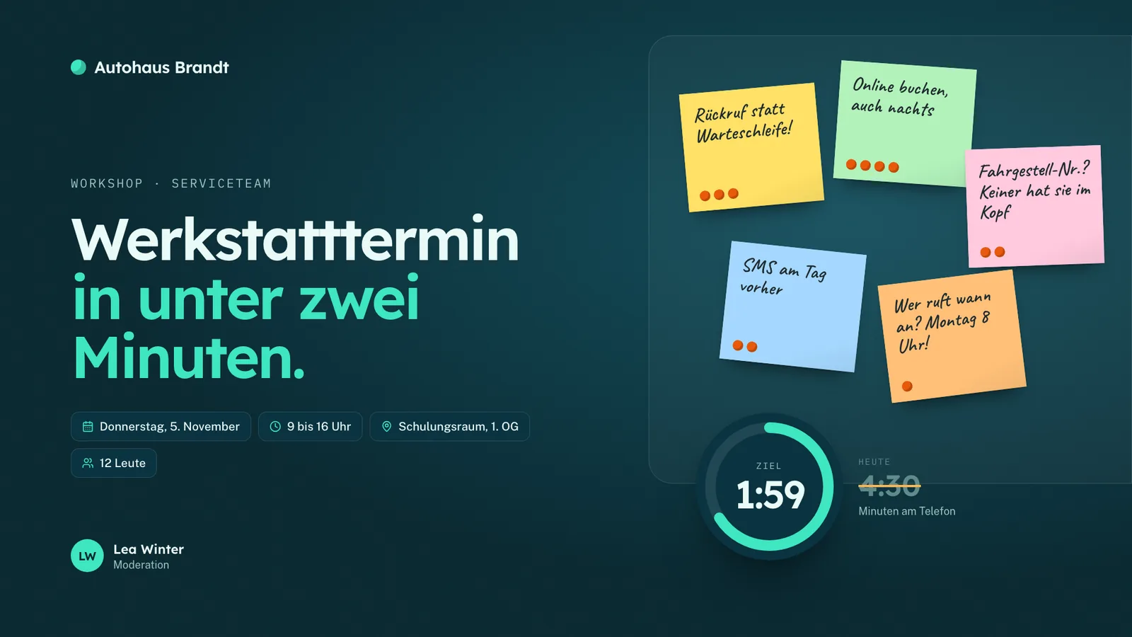 Workshop-Präsentation-Beispiel, Titelfolie: Werkstatttermin in unter zwei Minuten, mit Klebezetteln und Stoppuhr