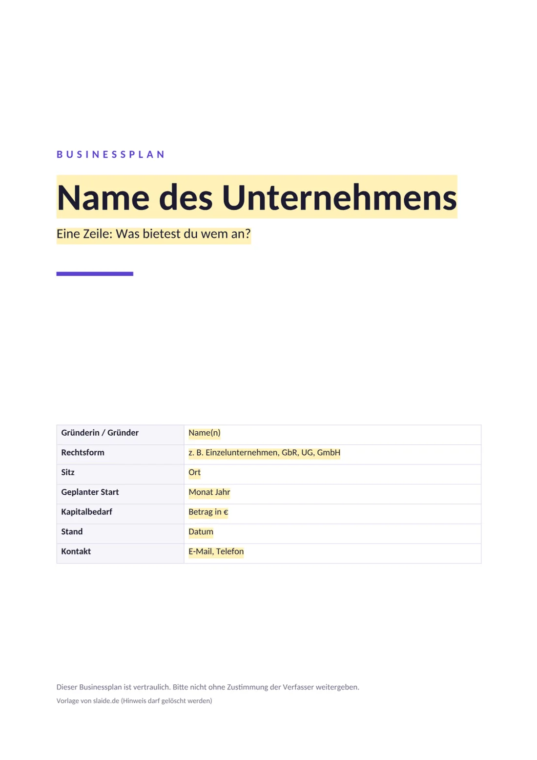 Businessplan Vorlage, Seite 1: Deckblatt mit Feldern für Unternehmen, Gründerperson, Rechtsform, Sitz, Start und Kapitalbedarf