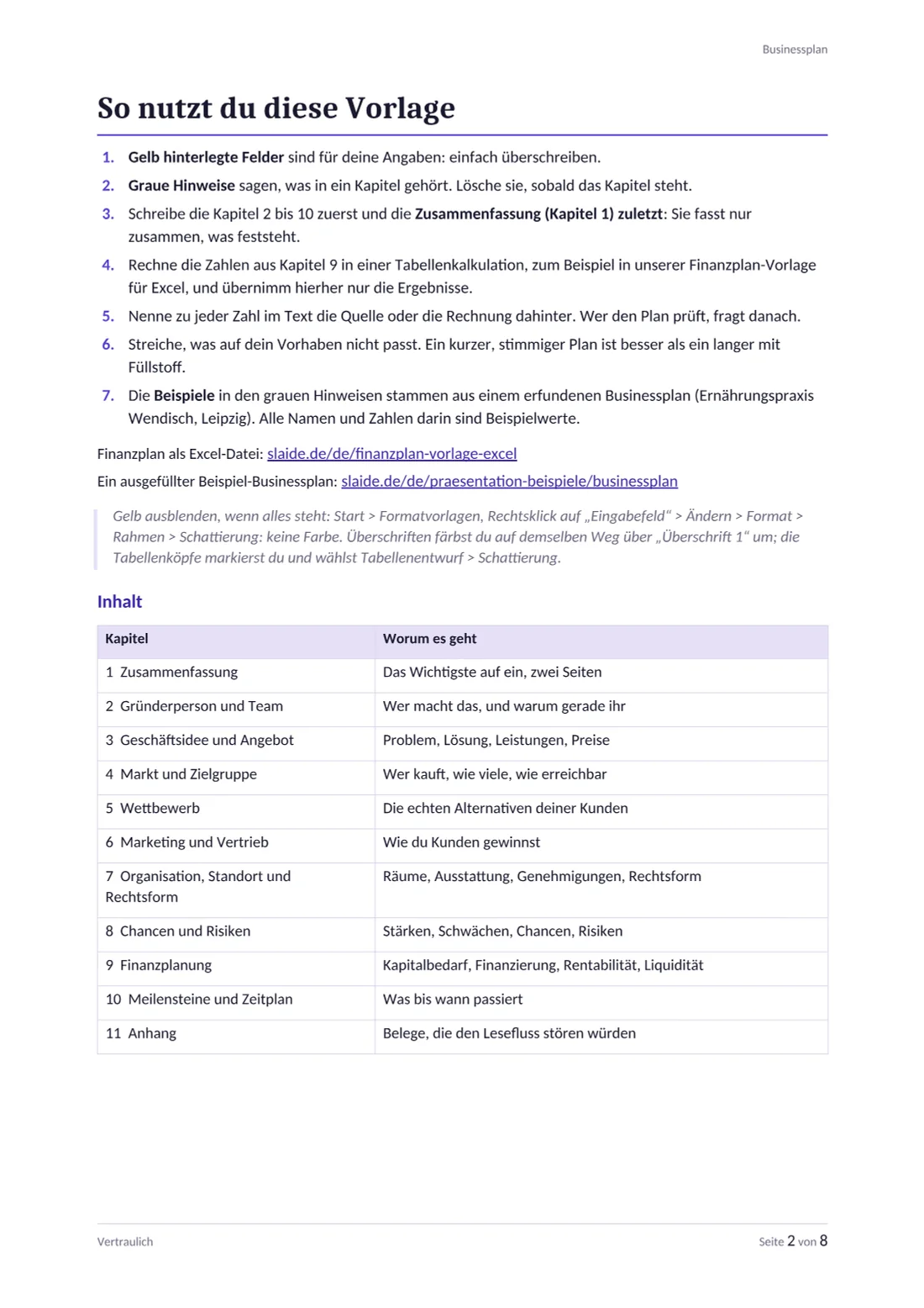 Businessplan Vorlage, Seite 2: sieben Schritte zur Nutzung der Vorlage und Inhaltsverzeichnis mit elf Kapiteln
