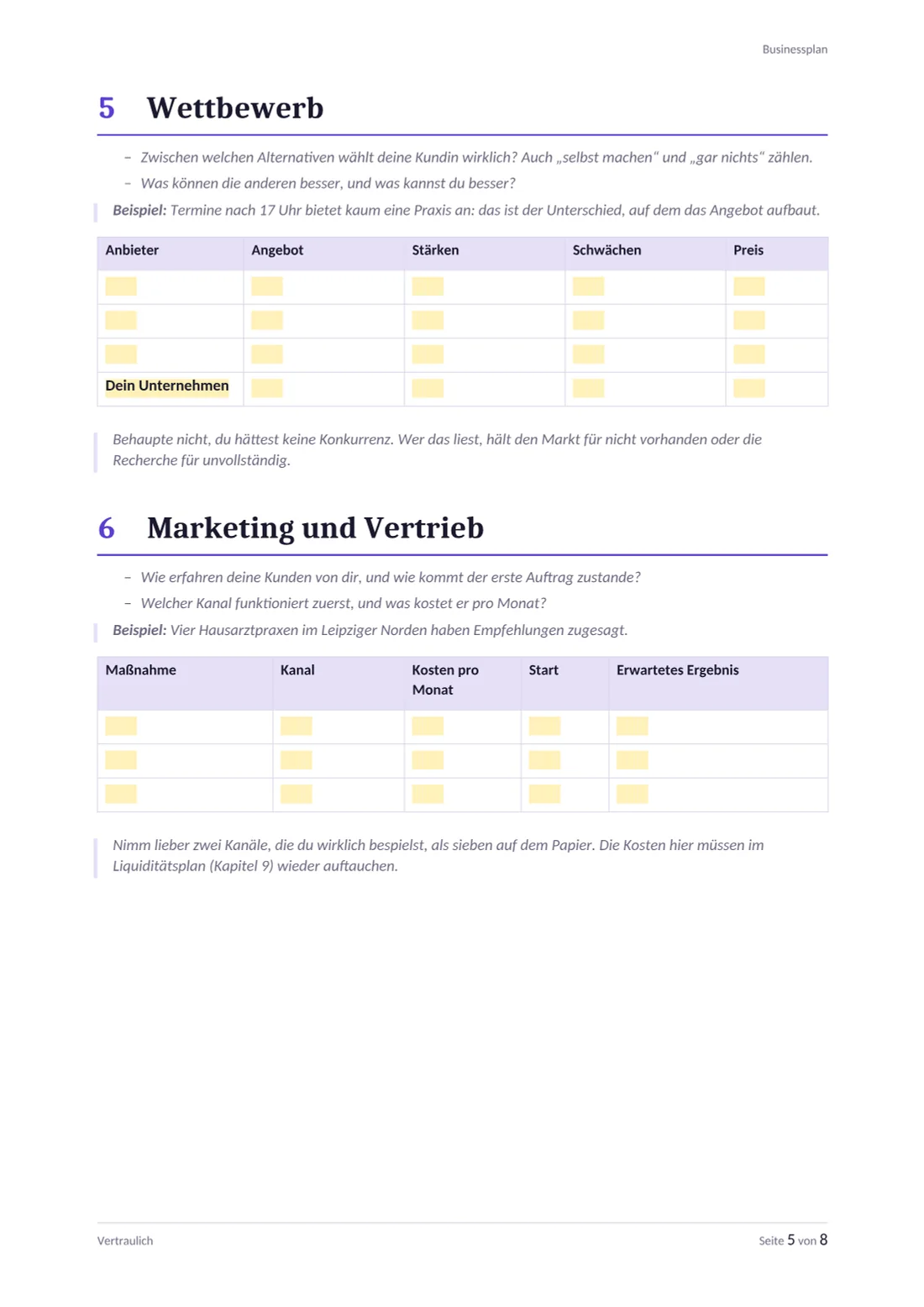 Businessplan Vorlage, Seite 5: Wettbewerbsvergleich und Tabelle der Marketingmaßnahmen mit Kosten