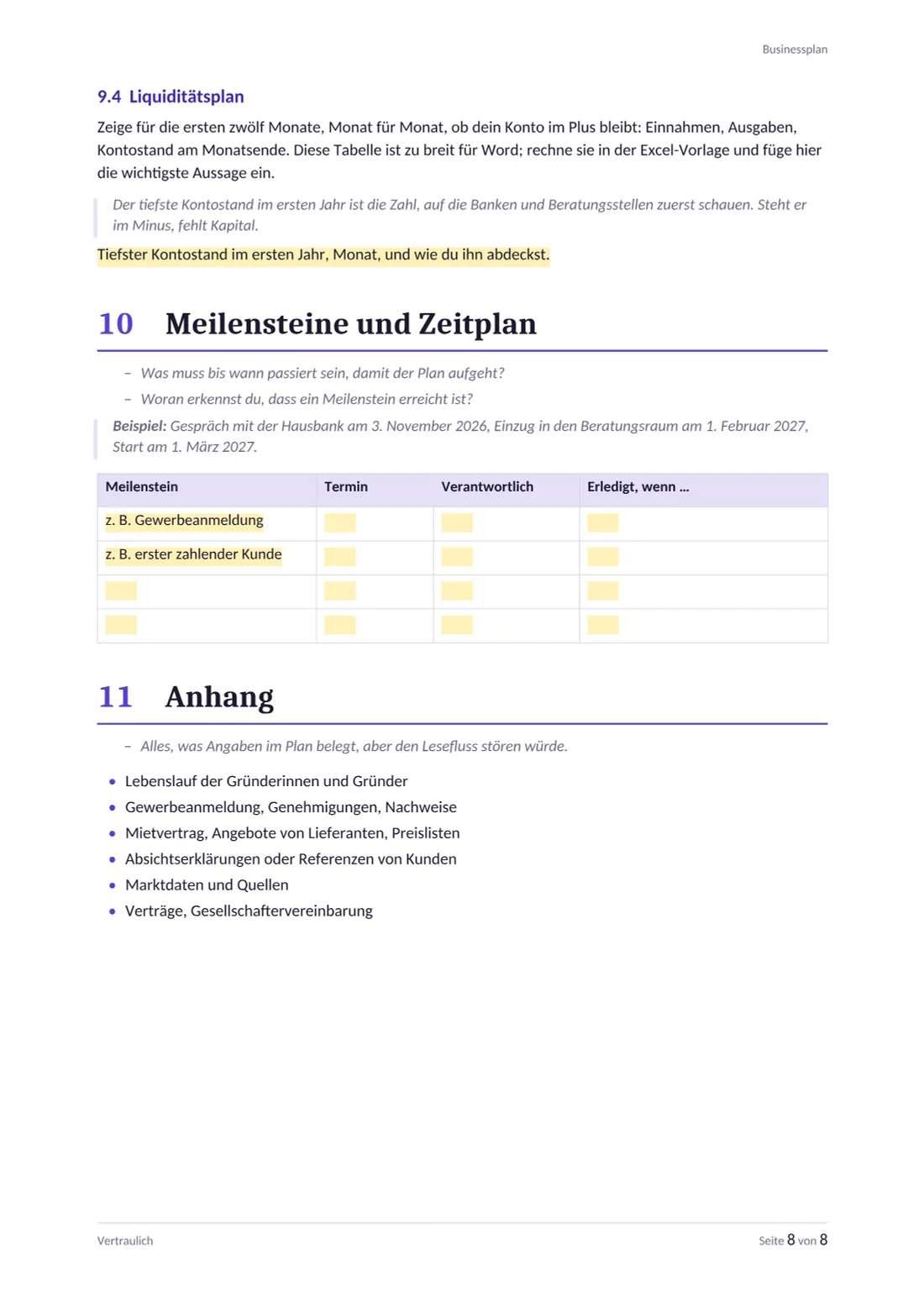 Businessplan Vorlage, Seite 8: Hinweis zum Liquiditätsplan, Meilensteintabelle und Liste für den Anhang