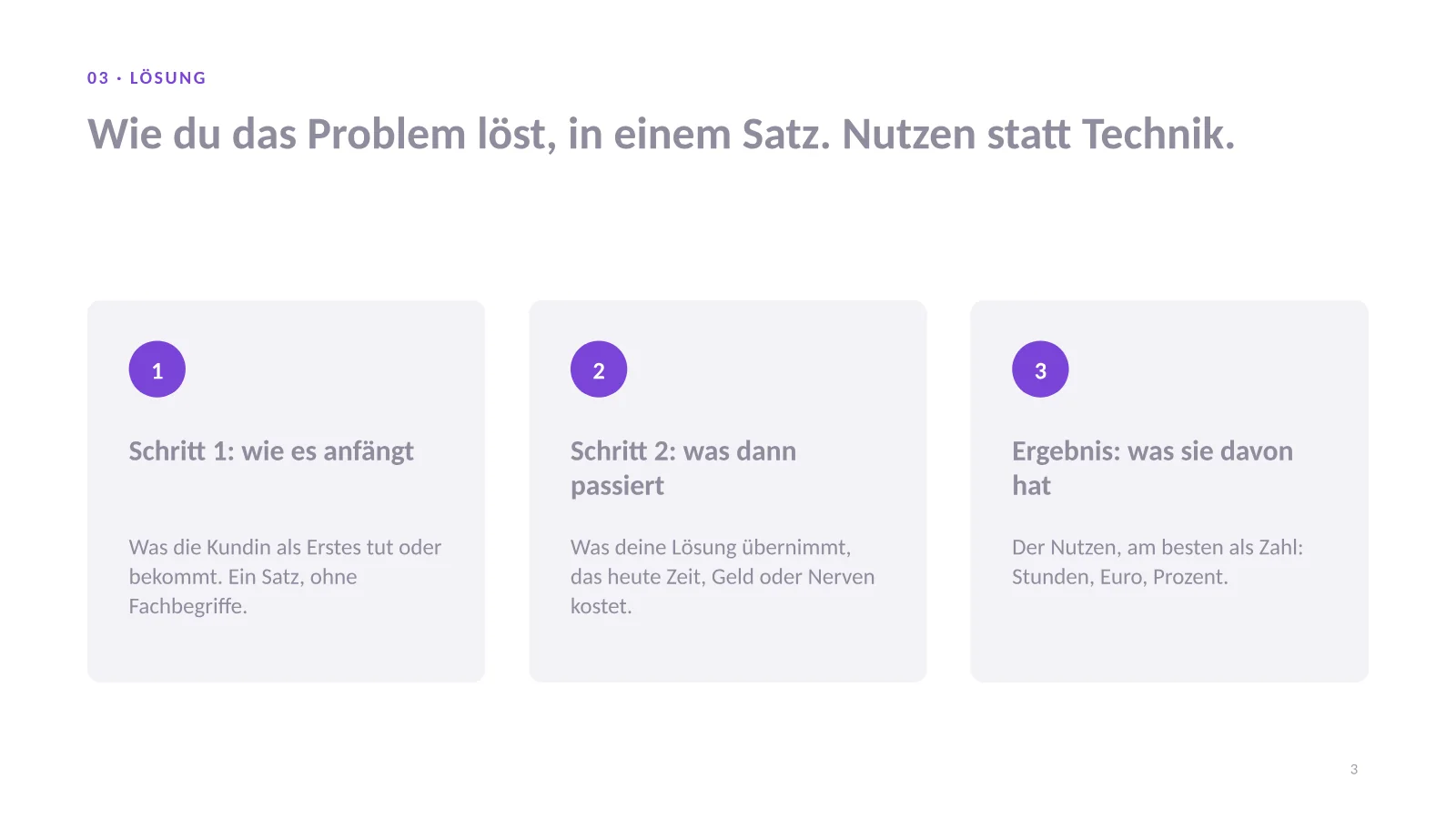 Pitch Deck Vorlage, Folie 3: Lösung in einem Satz und drei nummerierte Schritte
