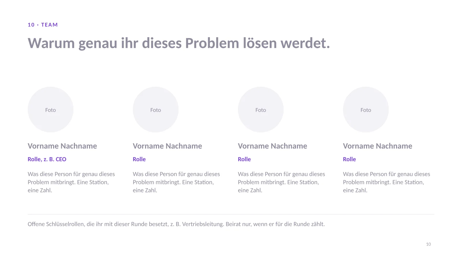 Pitch Deck Vorlage, Folie 10: vier Teamkarten mit Foto, Name, Rolle und einem Satz Erfahrung