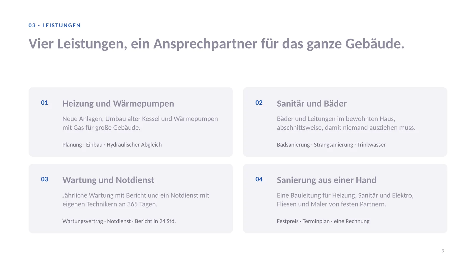 Unternehmenspräsentation Vorlage, Folie 3: vier Leistungsbereiche als Karten mit je einem Satz und Stichworten