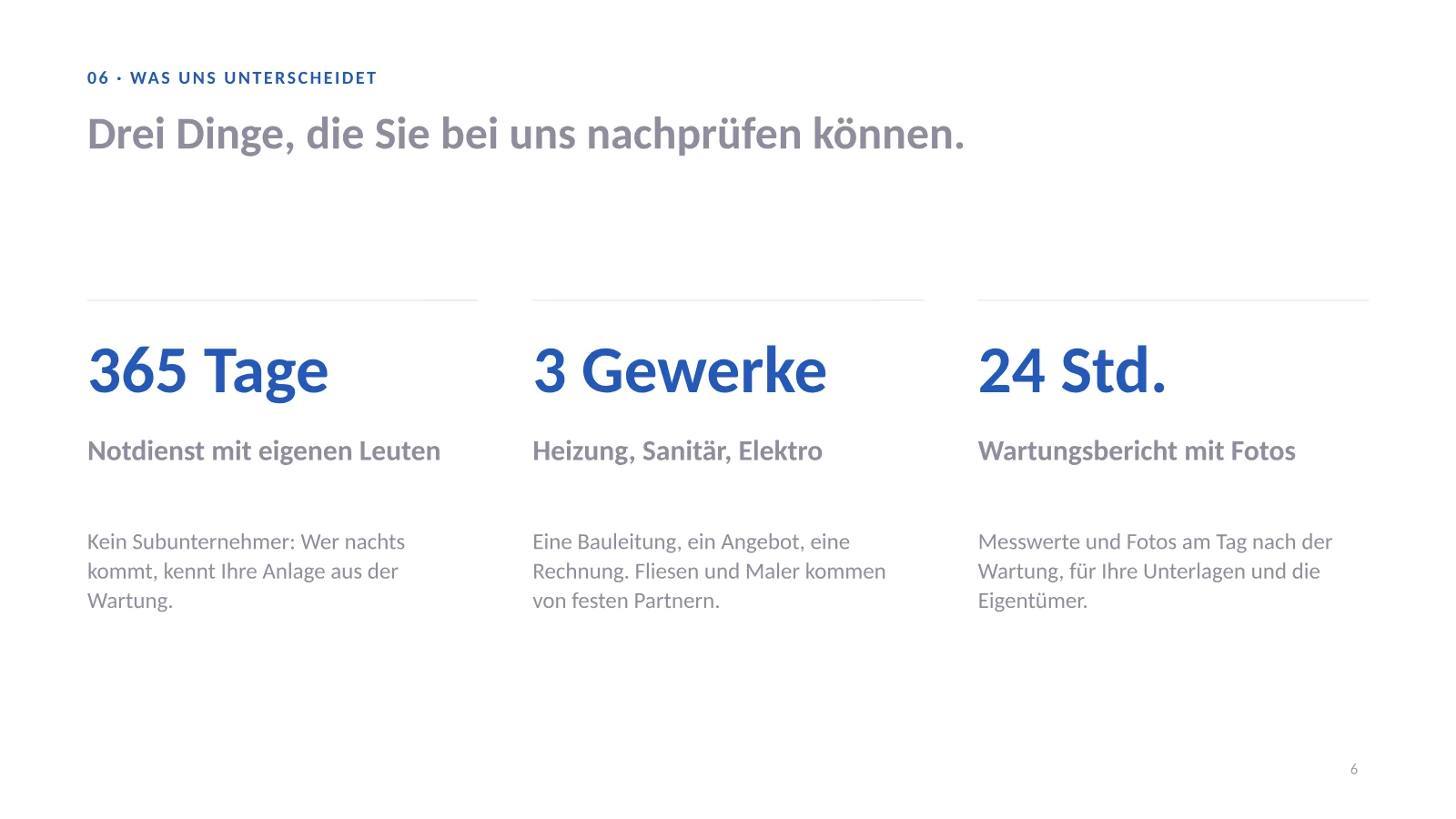Unternehmenspräsentation Vorlage, Folie 6: drei überprüfbare Unterschiede mit großer Zahl und Beleg