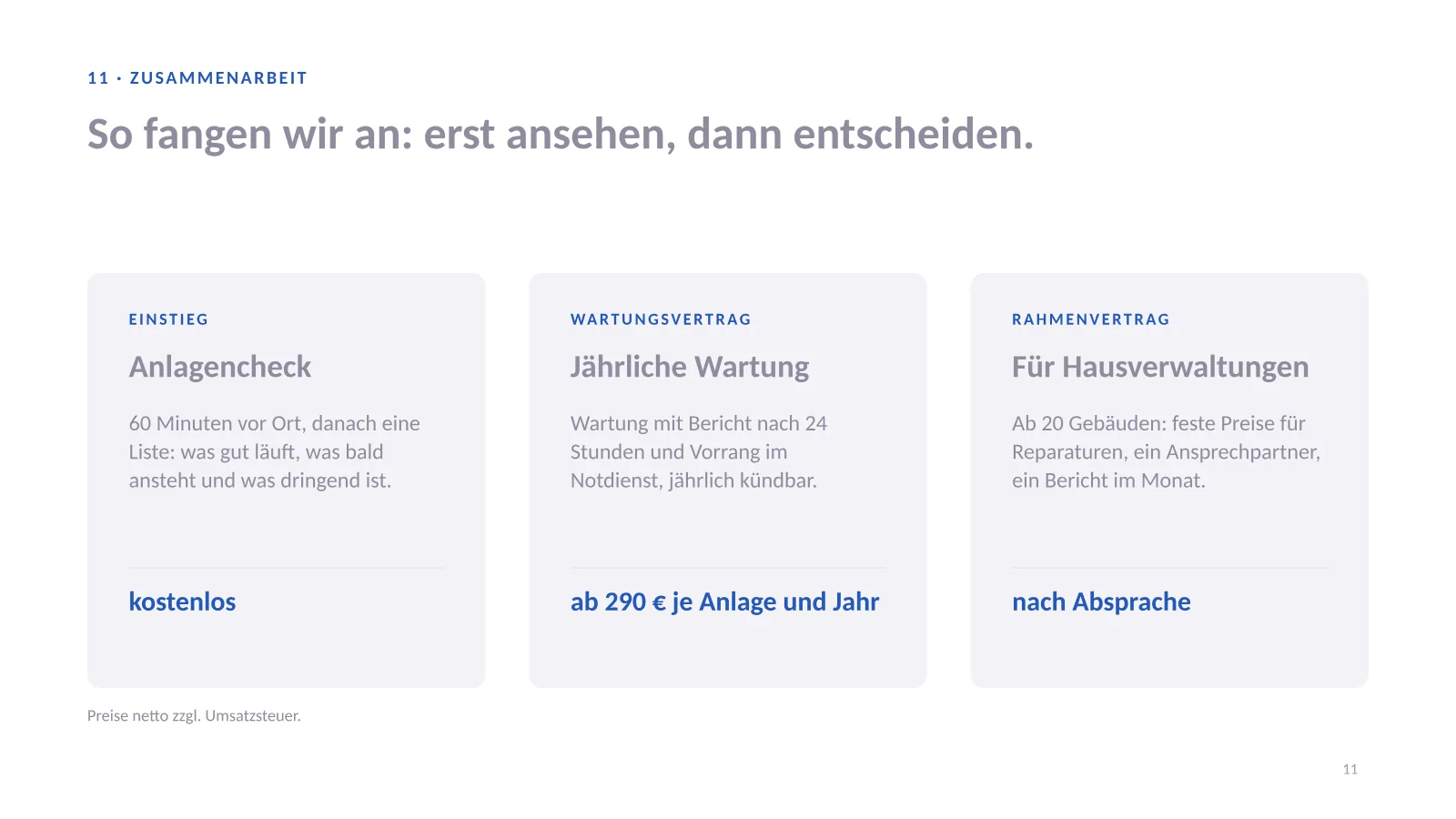Unternehmenspräsentation Vorlage, Folie 11: drei Wege der Zusammenarbeit mit Einstieg, Leistung und Preis