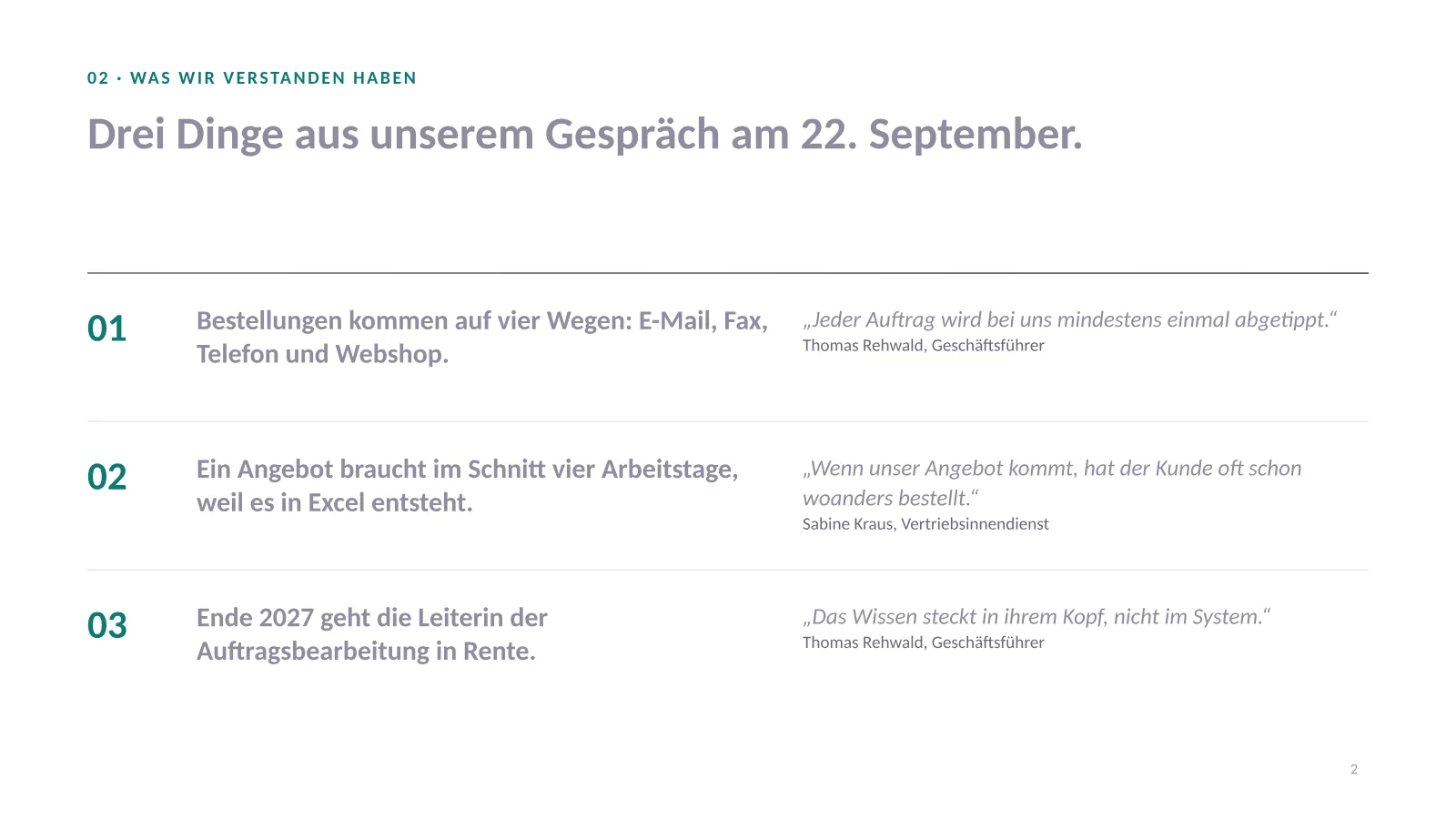 Verkaufspräsentation Vorlage, Folie 2: drei Punkte aus dem Erstgespräch, jeweils mit einem Zitat des Kunden
