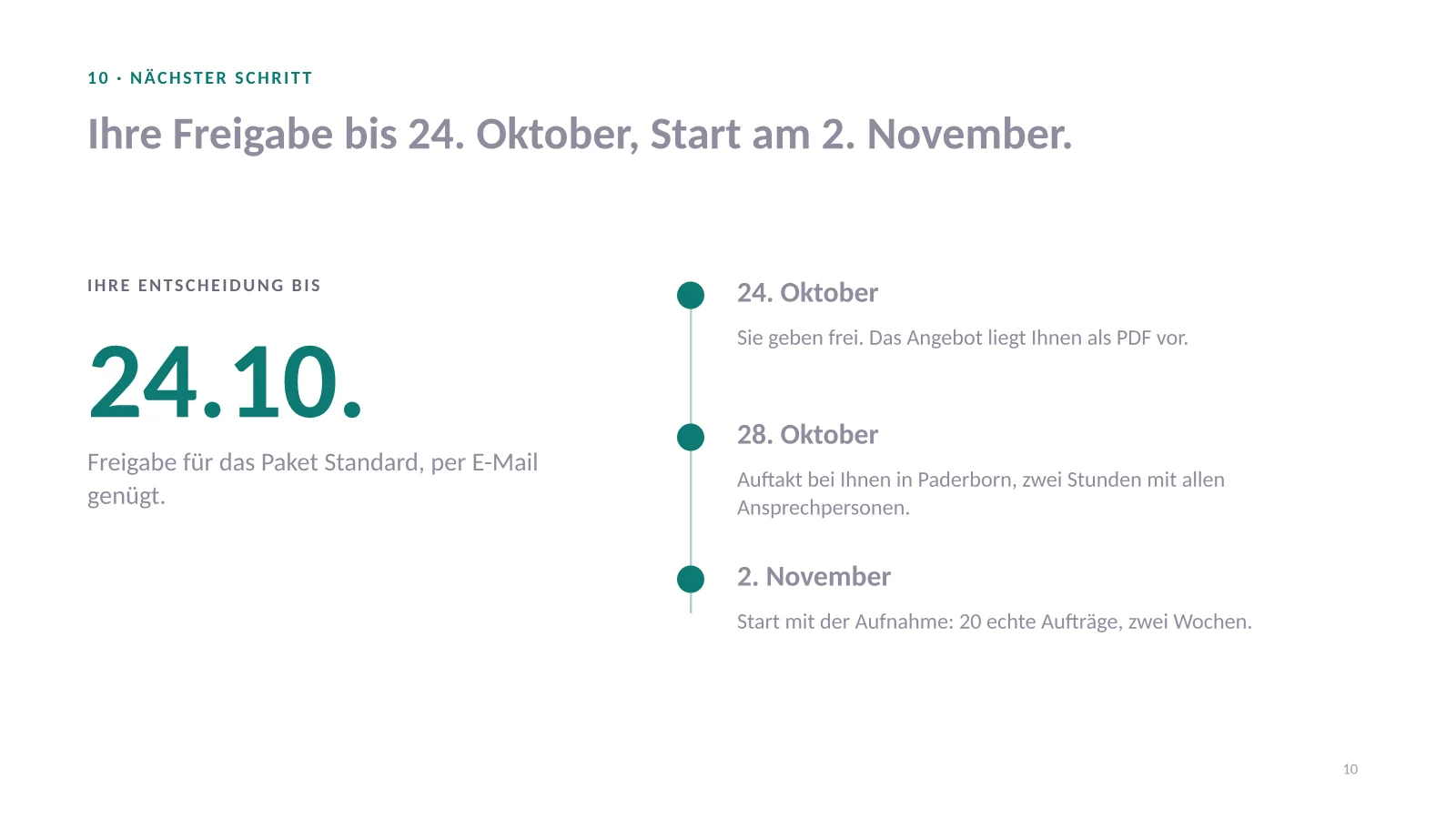 Verkaufspräsentation Vorlage, Folie 10: Freigabedatum groß und drei Schritte mit Datum bis zum Start