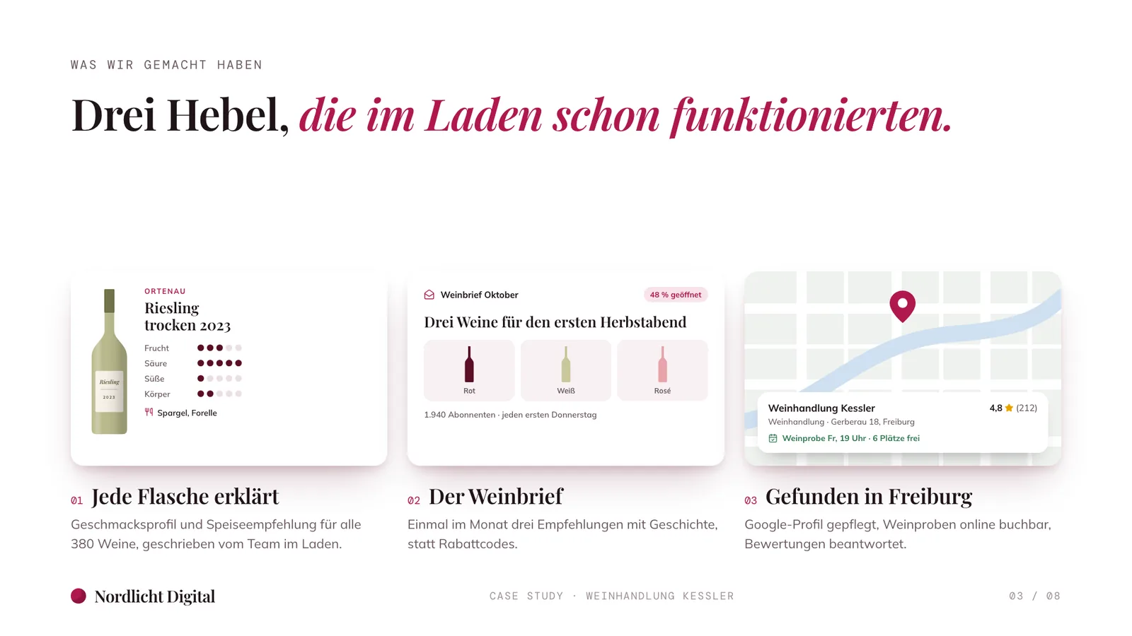 Case-Study-Beispiel, drei Maßnahmen: Geschmacksprofile im Shop, monatlicher Weinbrief und lokale Suche