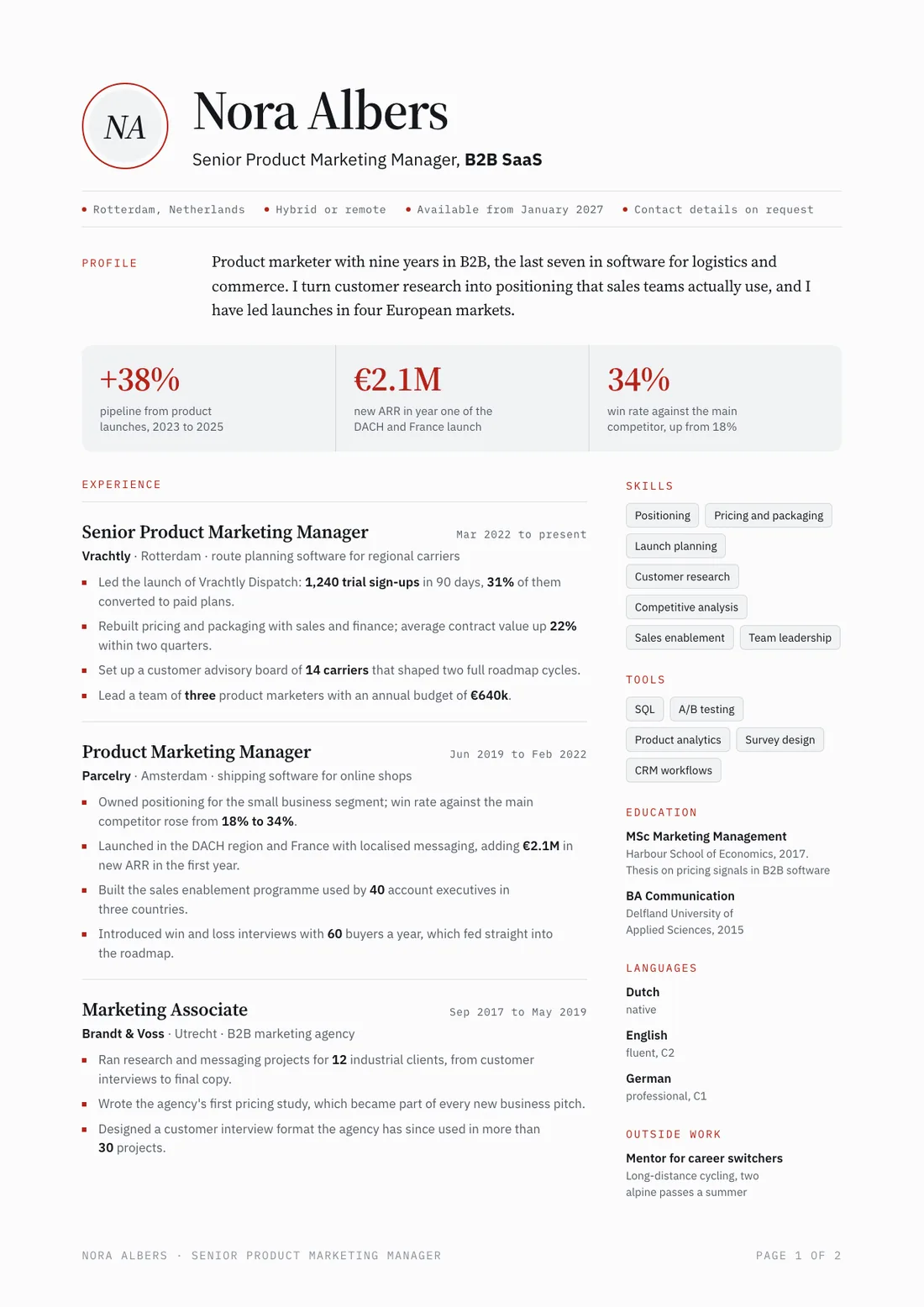 CV example, one-page resume: Nora Albers, senior product marketing manager in B2B SaaS, with key results, three roles with quantified achievements, skills, education and languages